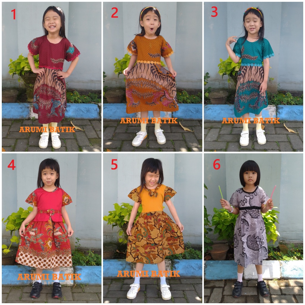 Dress Batik Anak Perempuan Balita TK SD PAUD Mix Kuning Gold Tosca Abu Maroon