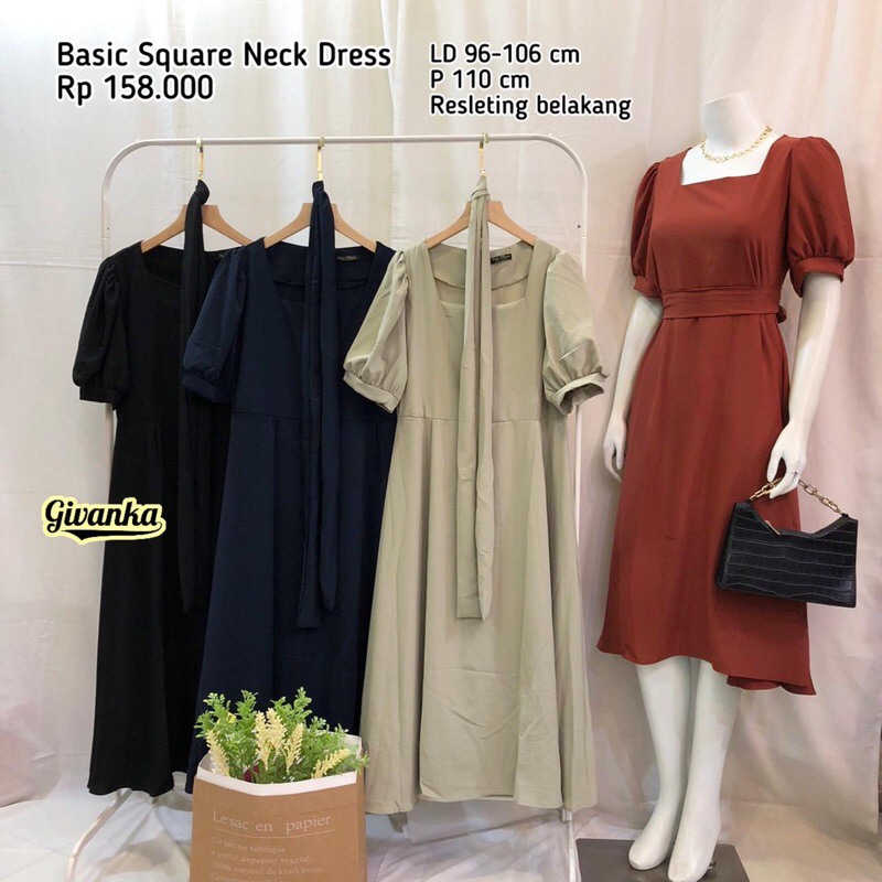 DRESS 7/8 SQUARE NECK FREE BELT TERPISAH BASIC POLOS// DRESS WANITA LENGAN PUFFY BASIC// DRESS 7/8 P