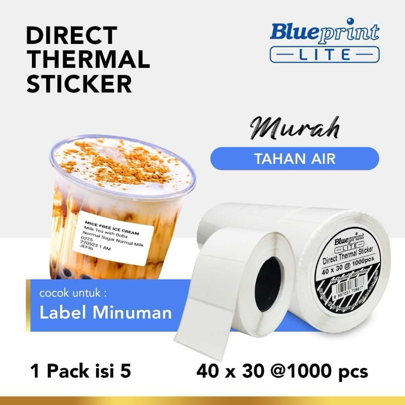 

[1 Dus] Direct Thermal Sticker Minuman 40x30 Blueprint Lite / Kertas Thermal Label Sticker 40x30 Blueprint