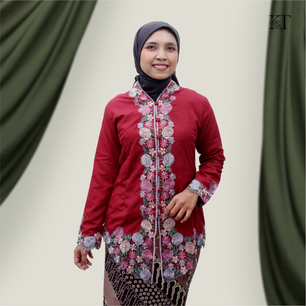 Kebaya Encim Pakaian Tradisional Kebaya Modern Bordir Bunga Tangan Panjang - Merah Maroon