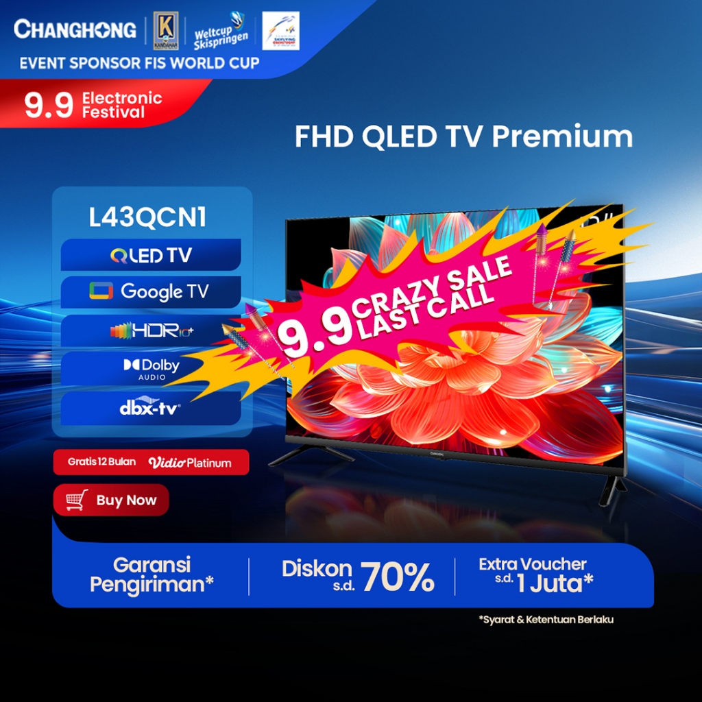 Changhong QLED TV 43 inch FHD Dolby Audio Google Play Netflix Youtube Bluetooth USB Google Assistant