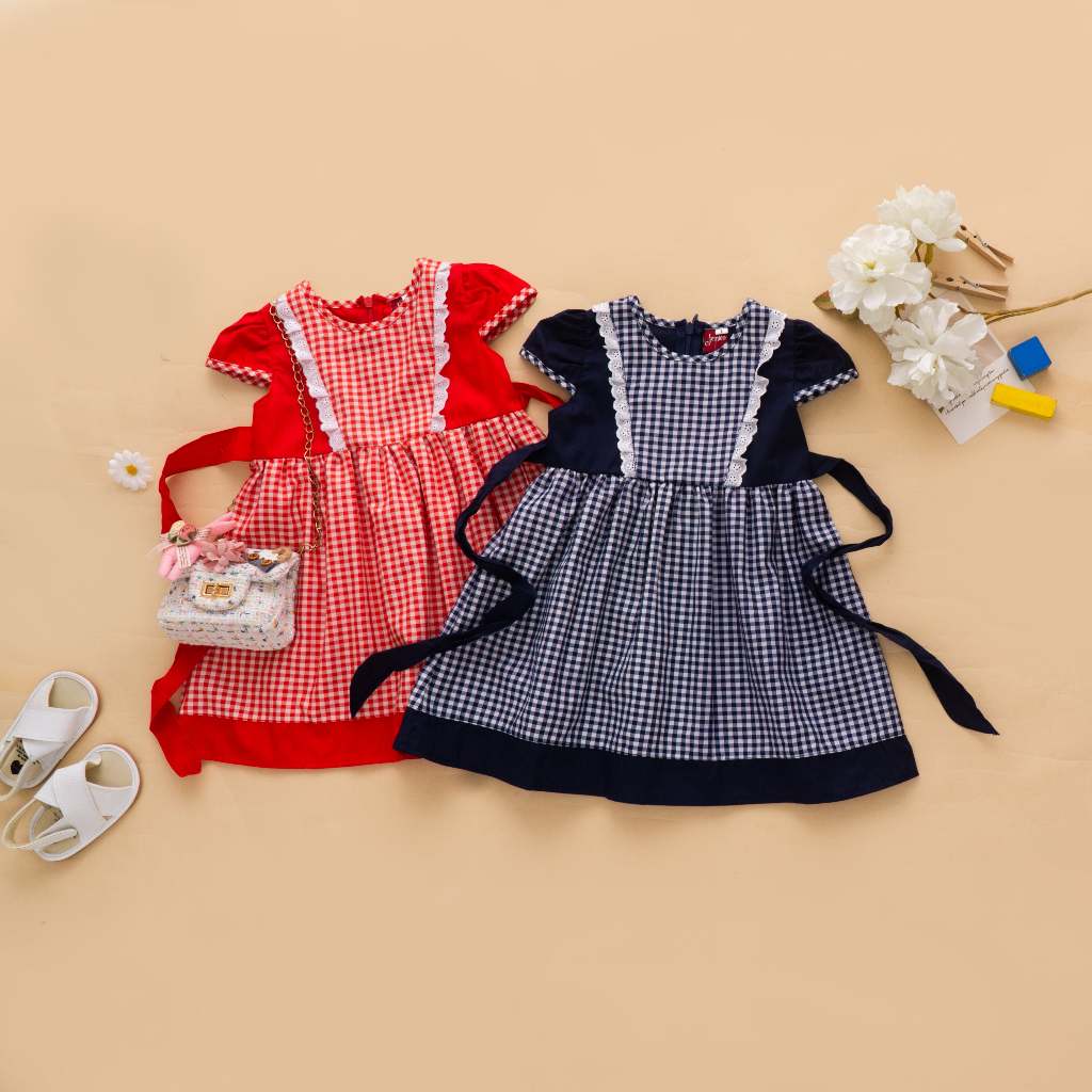 baju dress anak perempuan kotak popline renda 1 tahun - 3 tahun