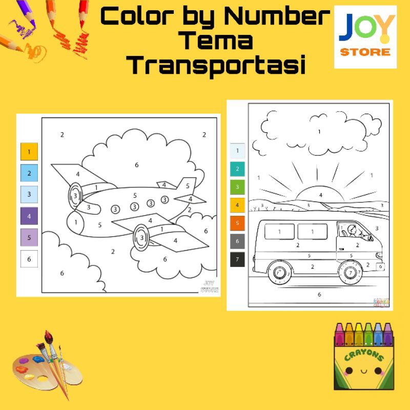 

Kertas Gambar Mewarnai dengan Angka ukuran A5 dan A4 150 gsm - Color by Number Coloring Tema Transportasi Toko Joy Store