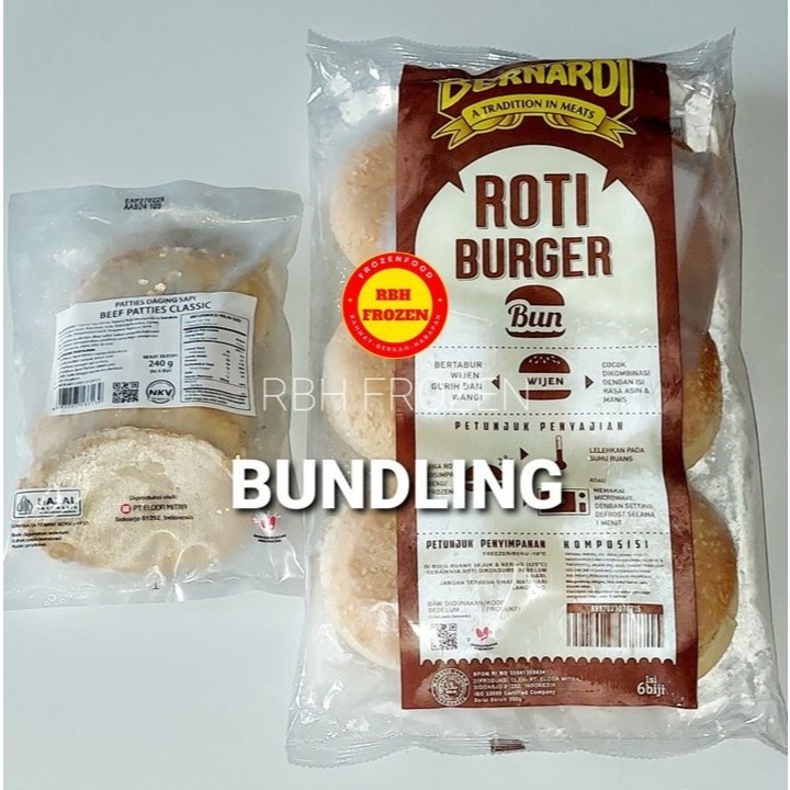 

Bundling Bernardi Beef Patties Classic 6's 240 Gr + Roti Burger Bun Wijen Bernardi Isi 6's 300 Gr