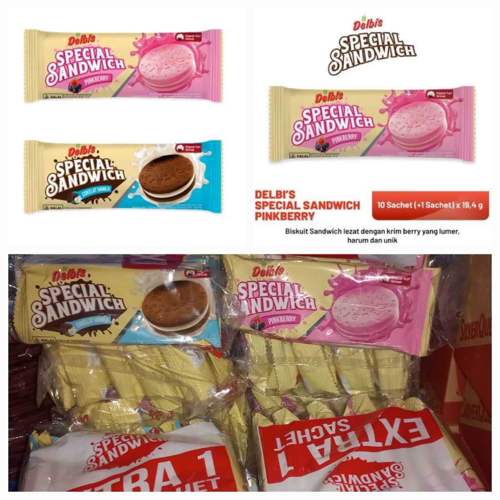 

Delbis Special Sandwich Pinkberry , Coklat Vanilla isi 11/pack