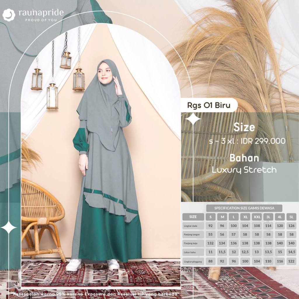 GAMIS TERBARU RAUNA RGS 01 BIRU BLUE TOSCA MIX ABU SET HIJAB KHIMAR SYARI PREMIUM WANITA DEWASA BUSU