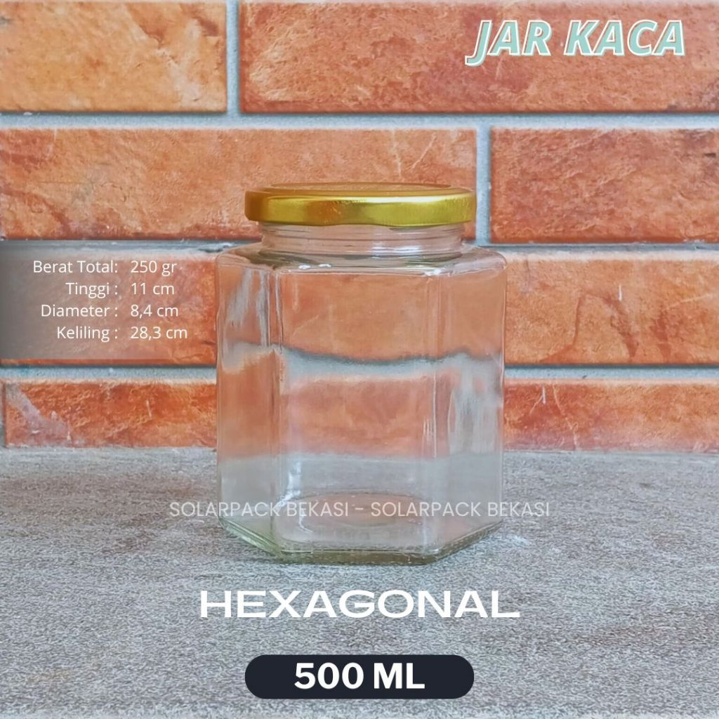 Jar kaca 500ml hexagonal tutup kaleng emas Toples Kue Cake Sambal Selai (MINIMAL ORDER 10 PCS)