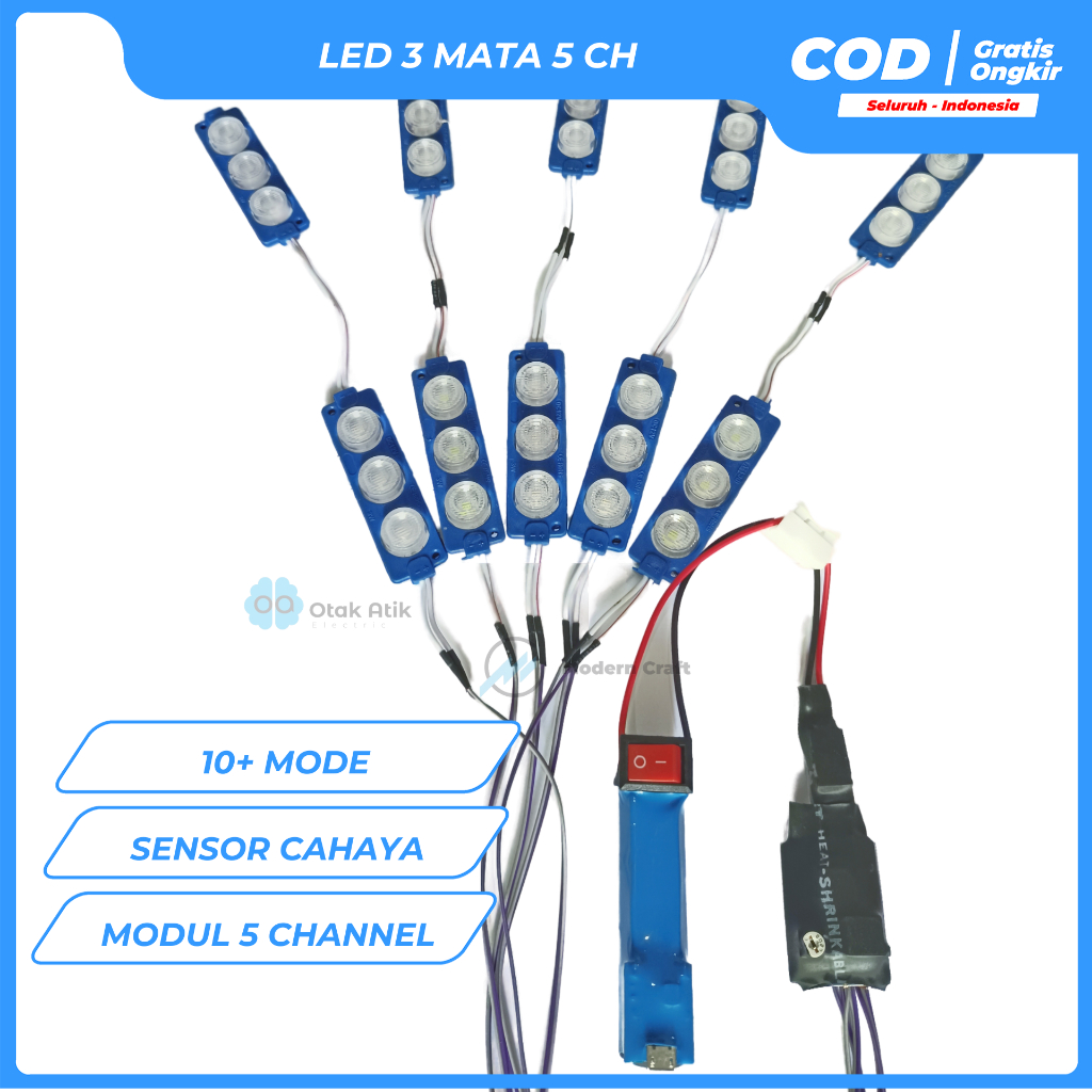 Lampu LED 12V 3 mata modul 5 CH layangan tenaga baterai cas dengan sensor cahaya [ 5 - 10 LED ]