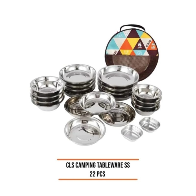 tableware set alat makan piring mangkuk stainless portable camping 22 set