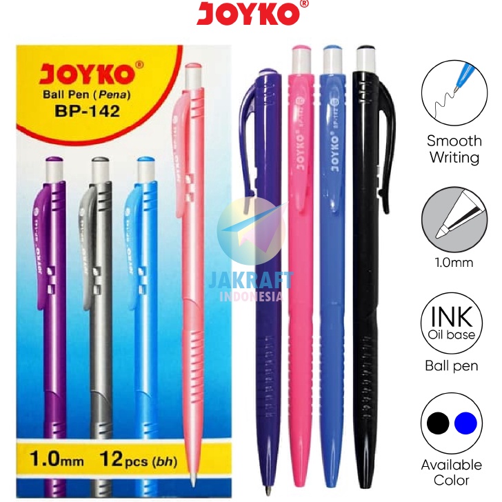 

PALING DIMINATI 12 Pcs Pulpen Bolpen Pen Klik BP142 Hitam Black Biru Blue Tebal 1 mm Warna Warni