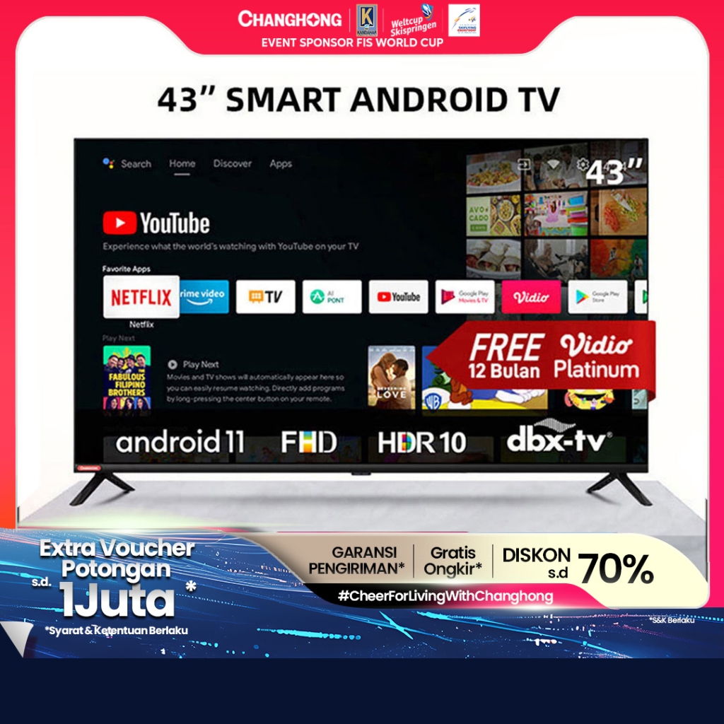 Changhong 43 Inch Newest Android 11 Frameless Smart TV Digital LED TV FHD -Netflix-Youtube-Google Pl