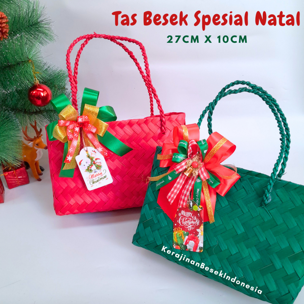 

GOODIE BAG SPESIAL NATAL 2024 FREE HANG TAG Tas besek 27cm x 9cm warna pita Hampers Christmas Parsel toples kue
