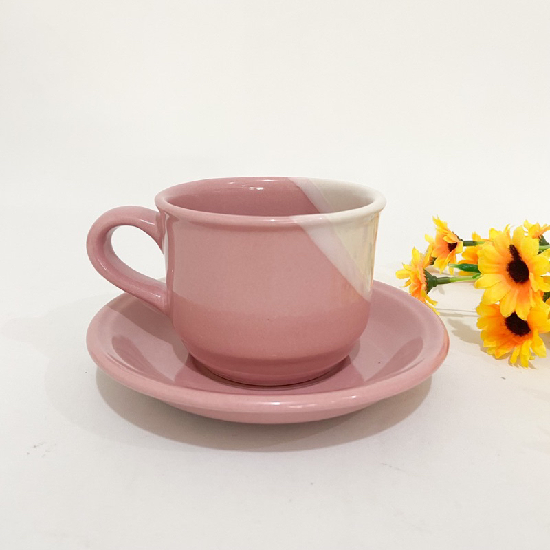 Set Cangkir Lepek Keramik Two Tone Gelas Cangkir 2 Warna Unik Cantik