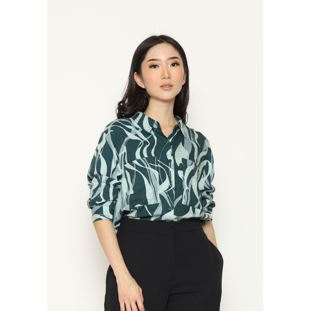 Urban Exchange Shirt Cherry Printed Green - Printed Shirt Kemeja Oversize Lengan Panjang