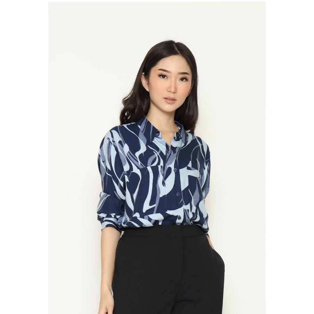 Urban Exchange Shirt Cherry Printed Blue - Printed Shirt Kemeja Oversize
