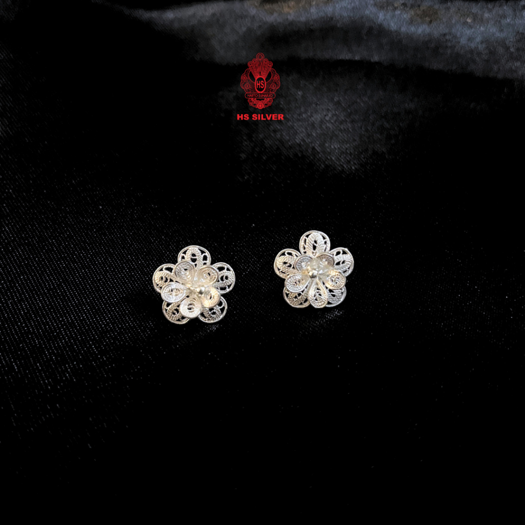 Anting Giwang Perak Asli 925 Filigree Bunga Mawar Sari | HS SILVER