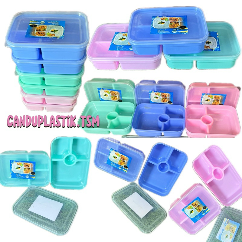 ( 6 Pcs) lunch box / Kotak bekal makan siang 4sekat / kotak makan bento / kotak katering plastik  Ki
