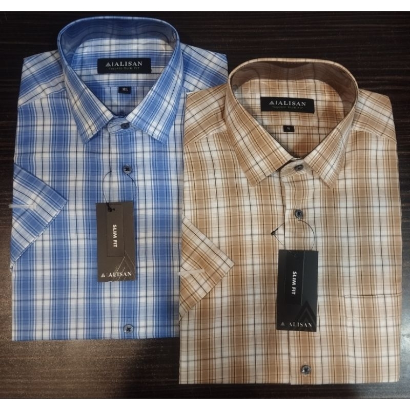 Alisan Kemeja motif Kotak Pendek Slimfit