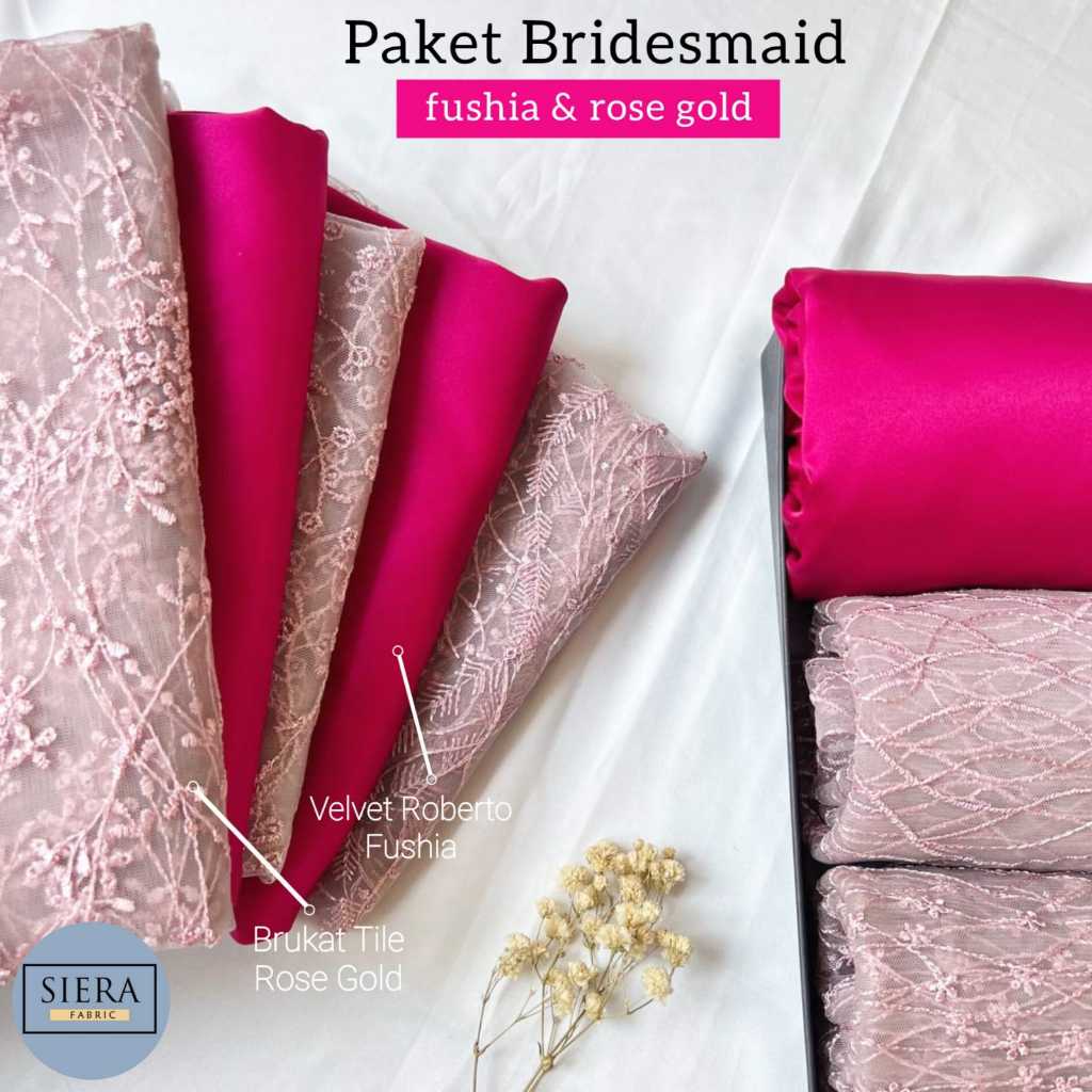 Paket Lengkap Kain Bridesmaid / Satin Velvet Premium Fushia + Brukat Tile Rose Gold