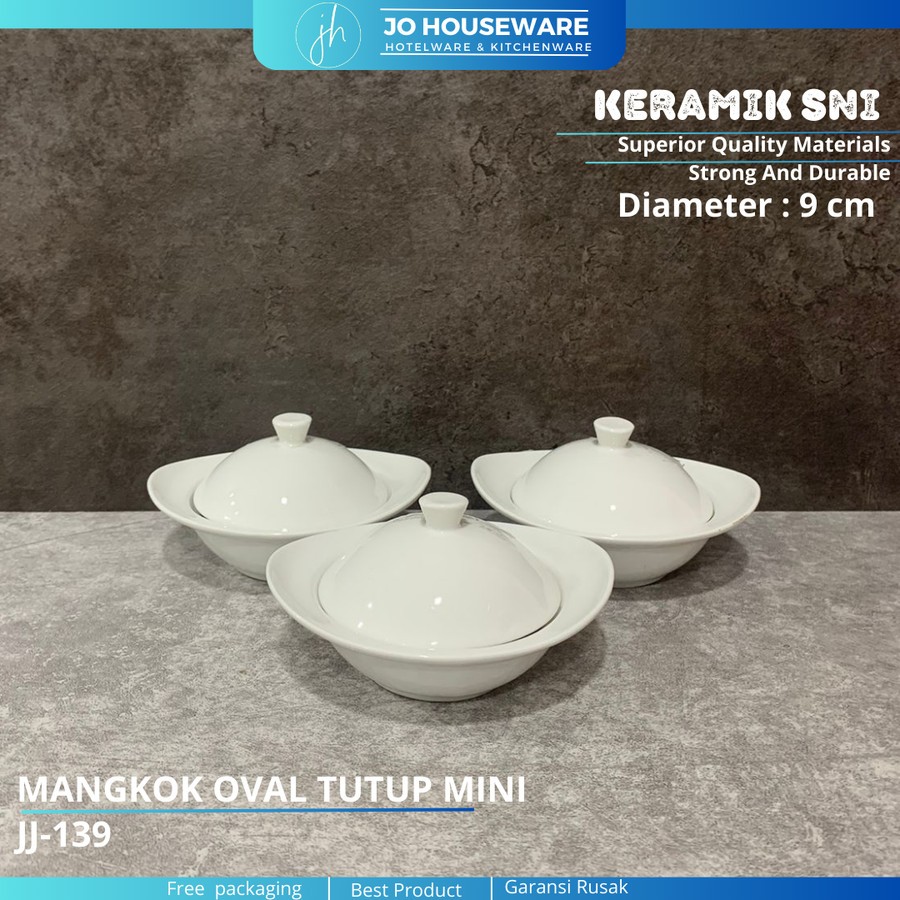 Mangkok oval tutup kecil keramik putih polos diameter 9 cm / mangkok lecil ocal unik hotelware serba