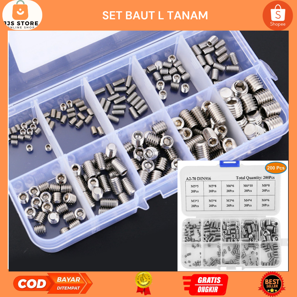 Set Baut L Tanam Sekrup Soket Hex M3-M8 Headless 200 PCS / Baut L Tanam / Baut L 200 PCS
