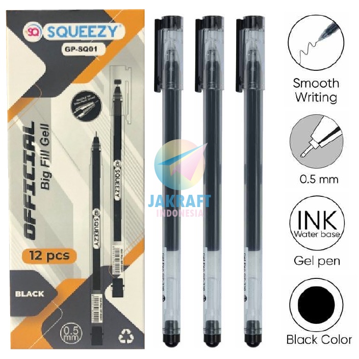 

AWAS ADA 12 Pcs Pulpen Bolpen Gel Pen SQUEEZY GPSQ1 Office Official Hitam Black 5 mm Needle Tip Murah Bagus Ujung Tajam Runcing