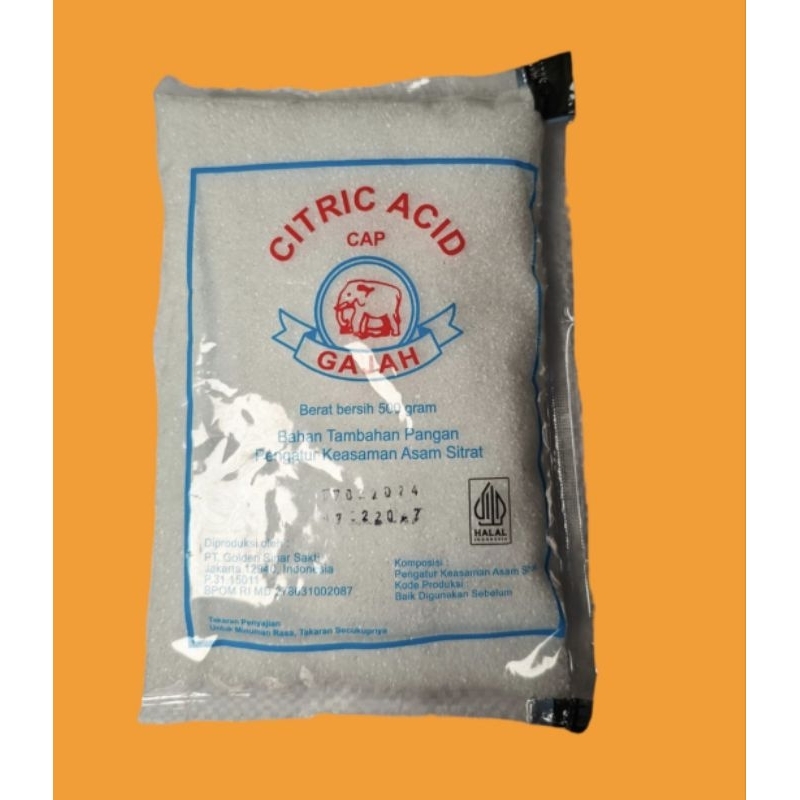 

Citric Acid Cap Gajah/Sitru/Citrun/Asam Sitrat/Asam Citrun/500 gram x 1 (pcs) sachet Halal Food Grade Exp Panjang