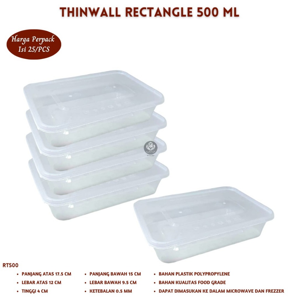 RB Thinwall Rectangle 500 Ml Food Container Thinwall 500 Ml (Isi 25 Pcs-RT500)