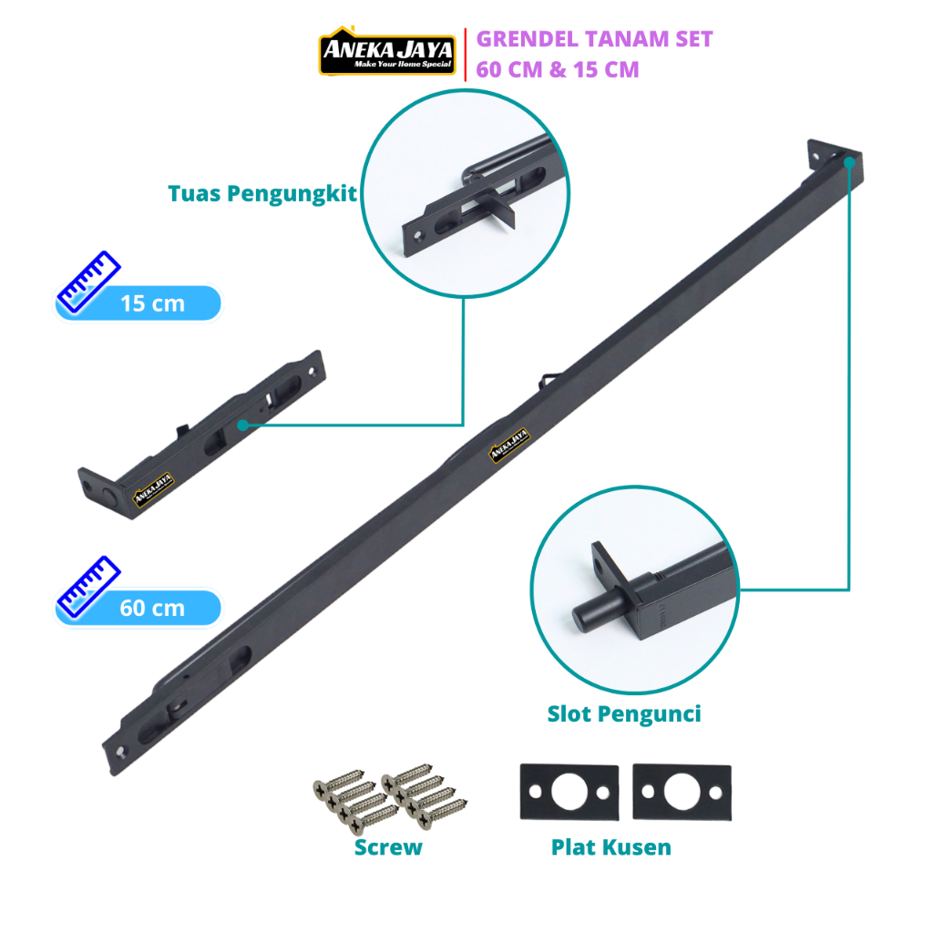 Grendel Tanam Hitam Panjang 60 cm dan 30 cm Slot Pintu Satu Set Stainlees Steel