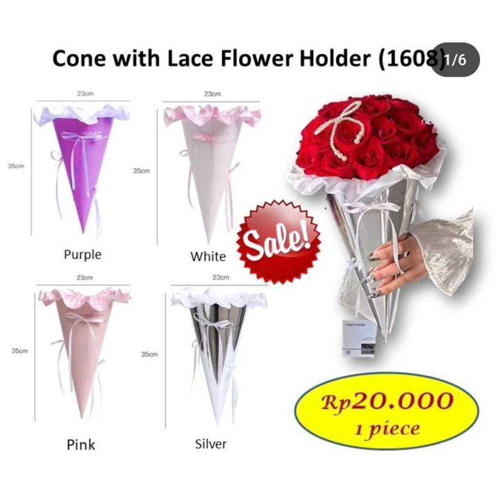 

cone with lace flower holder - kertas buket - cone 1608