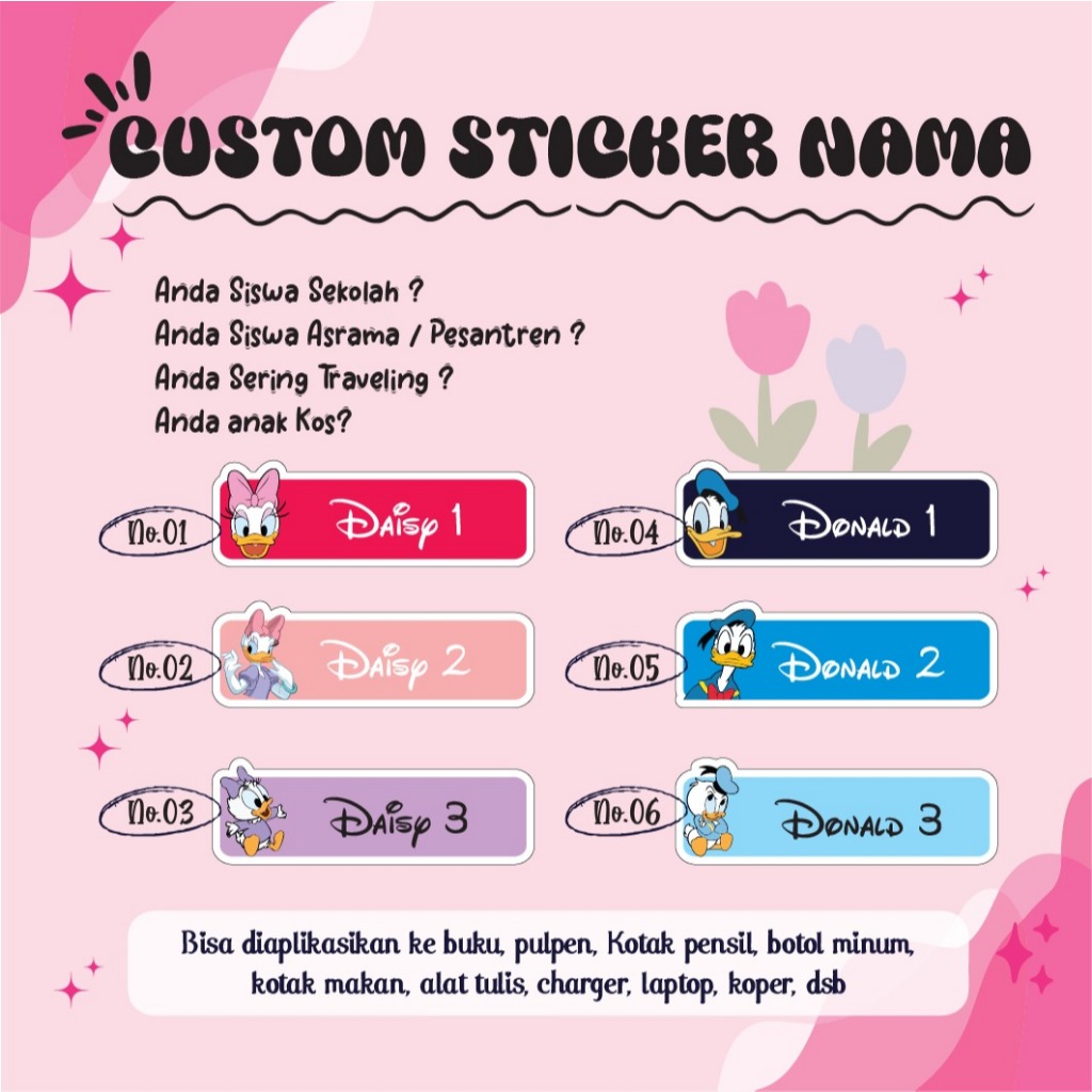 

STICKER LABEL NAMA ANIME DONALD & DAISY DUCK CUTE VERSION STIKER LEBEL CUSTOM PREMIUM MURAH LUCU BISA TEMPEL DI BUKU KOTAK PENSIL HELM BOTOL MINUM KOTAK MAKANAN ALAT TULIS KOPER LAPTOP HP PINTU KACA