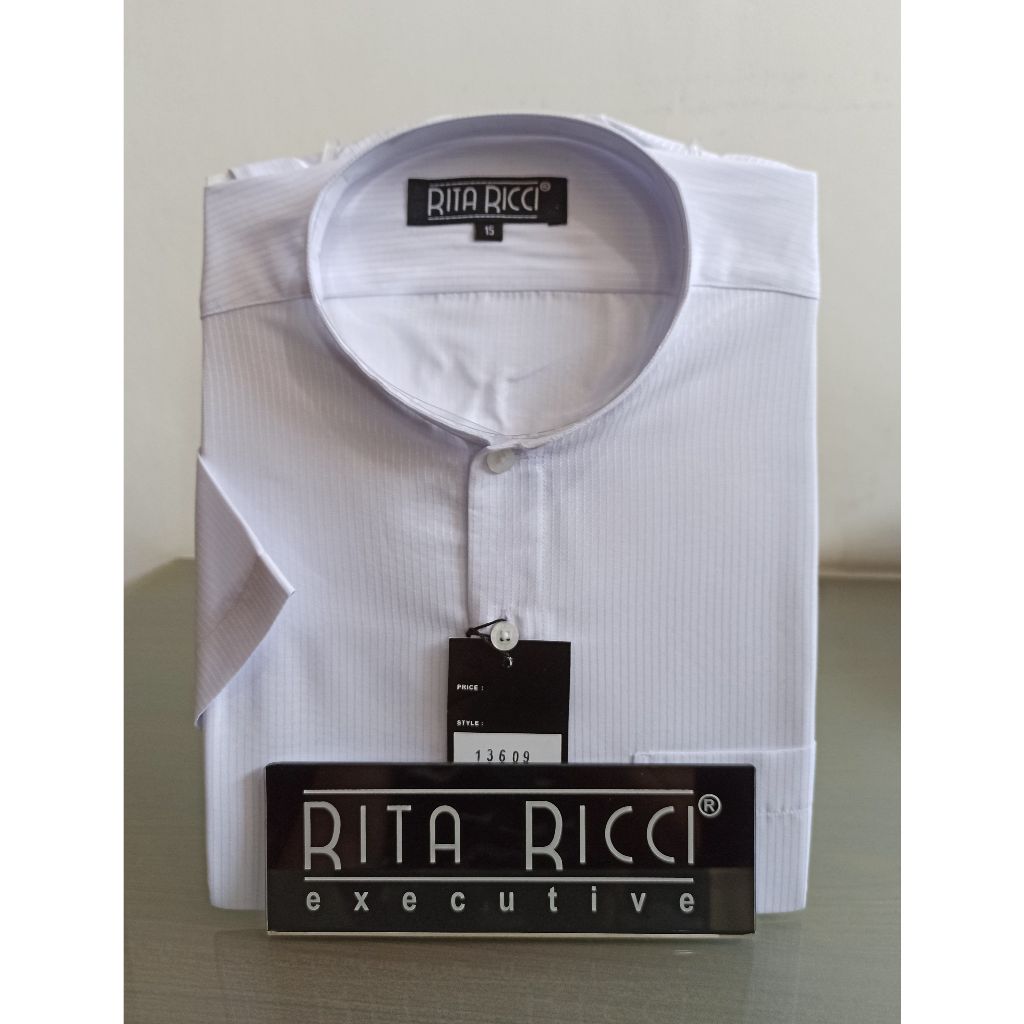 Kemeja Pria Rita Ricci Reguler kerah koko motif dolby garis warna putih lengan panjang dan pendek ar