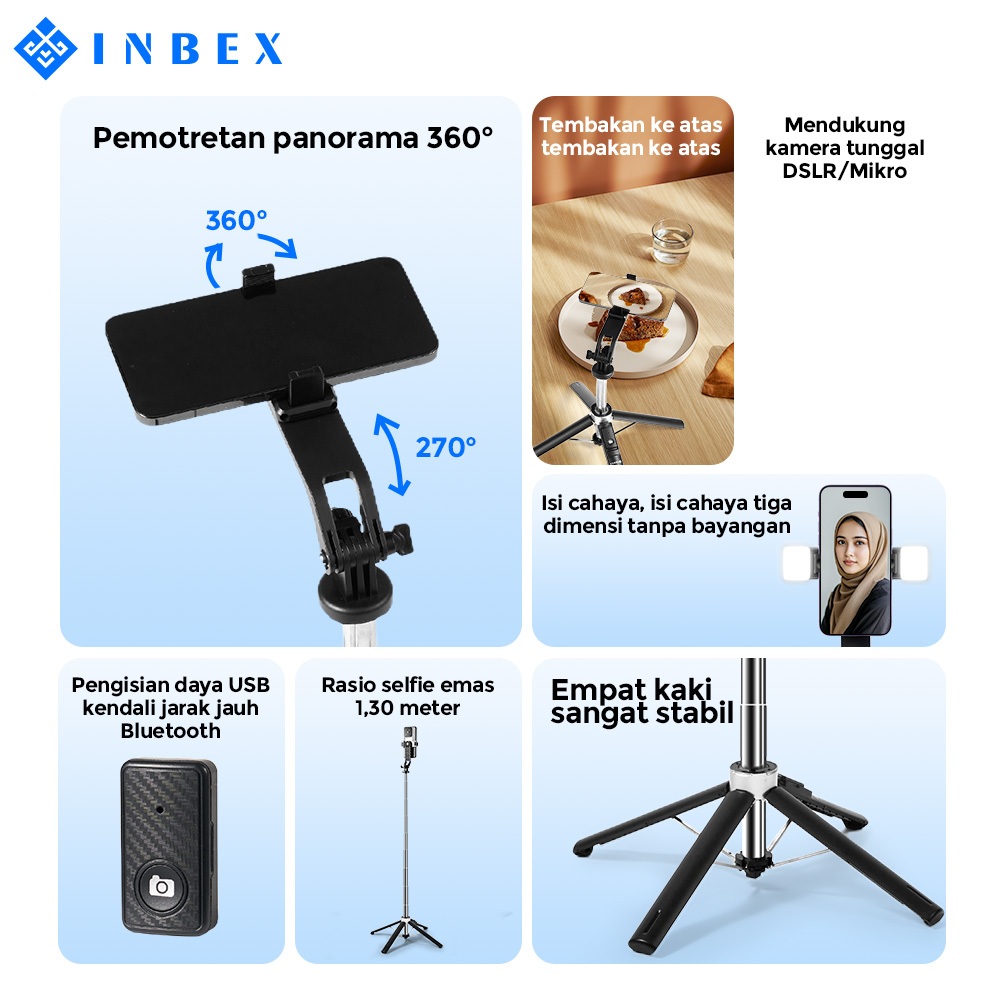 PROMO TERBARU INBEX IB130 130CM Tongkat Selfie 4 Kaki Tripod Multifungsi Braket Bluetooth Tongkat