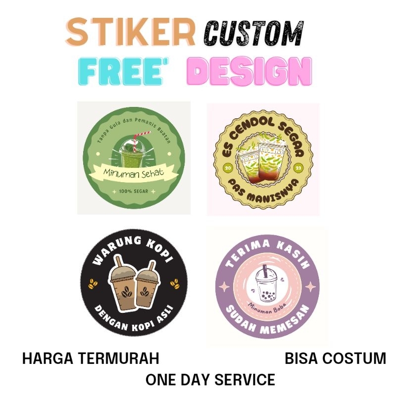 

stiker costum stiker minuman stiker bulat dan kotak +cutting ukurang a3