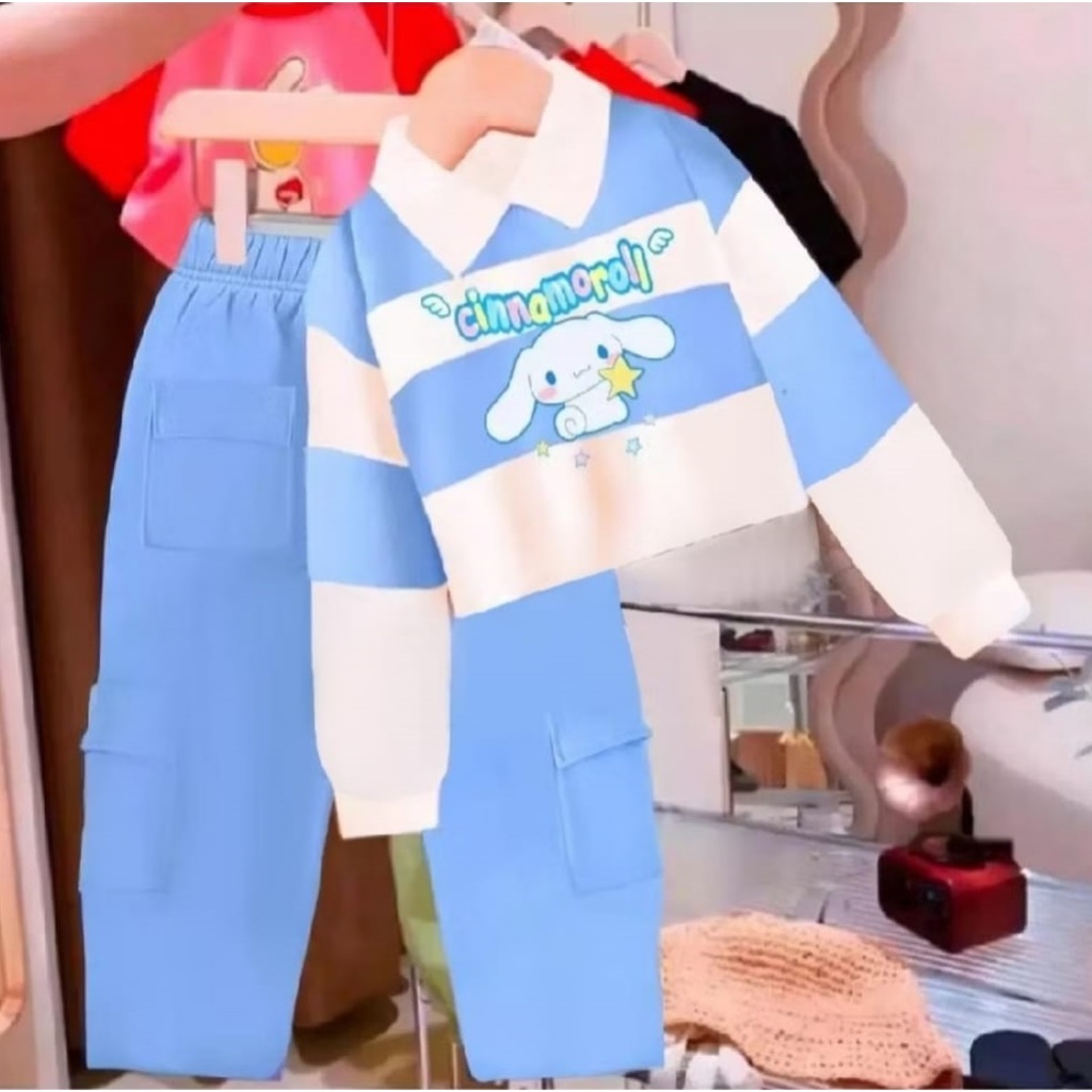 setelan crop top anak perempuan model cargo barbie 1-10 thn