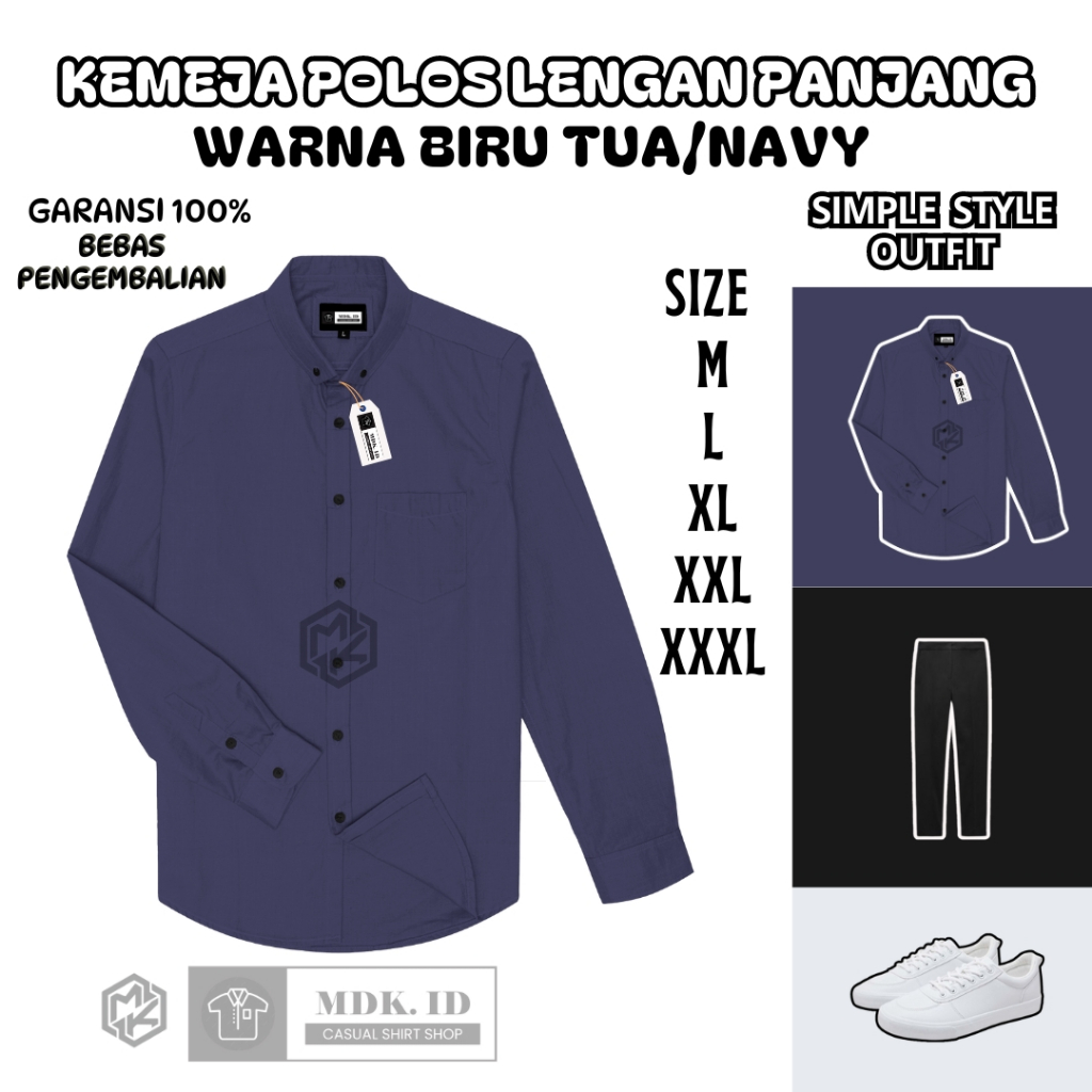 MDX.ID Kemeja pria lengan panjang polos warna navy biru tua casual slimfit hem pria