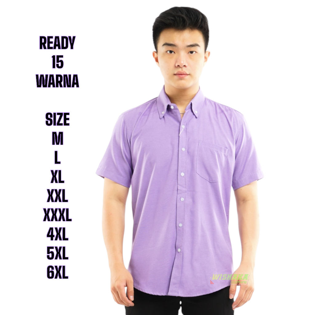 WISHAKA Kemeja Pria Lengan Pendek JUMBO Polos Katun Violet Lilac Ungu XXL XXXL 4XL 5XL Formal
