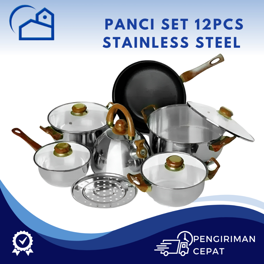 HOMESTATION - Panci Set Wajan Teko set 12pcs Stainless Steel With Tutup Kaca Q2 GSF 8212 8213 4312P
