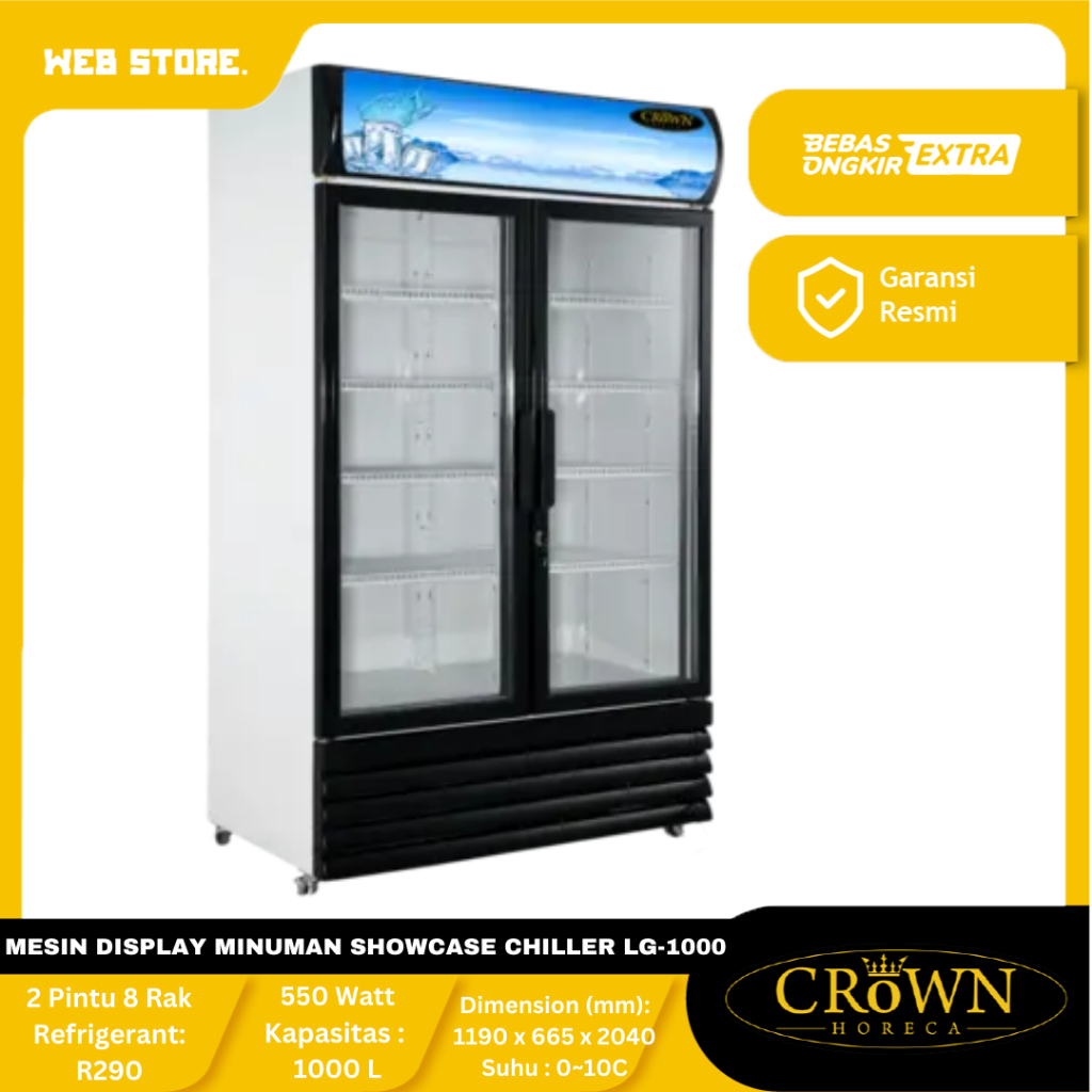 Mesin Pendingin Display Minuman Showcase Chiller 2 Pintu 8 Rak LG-1000 Crown