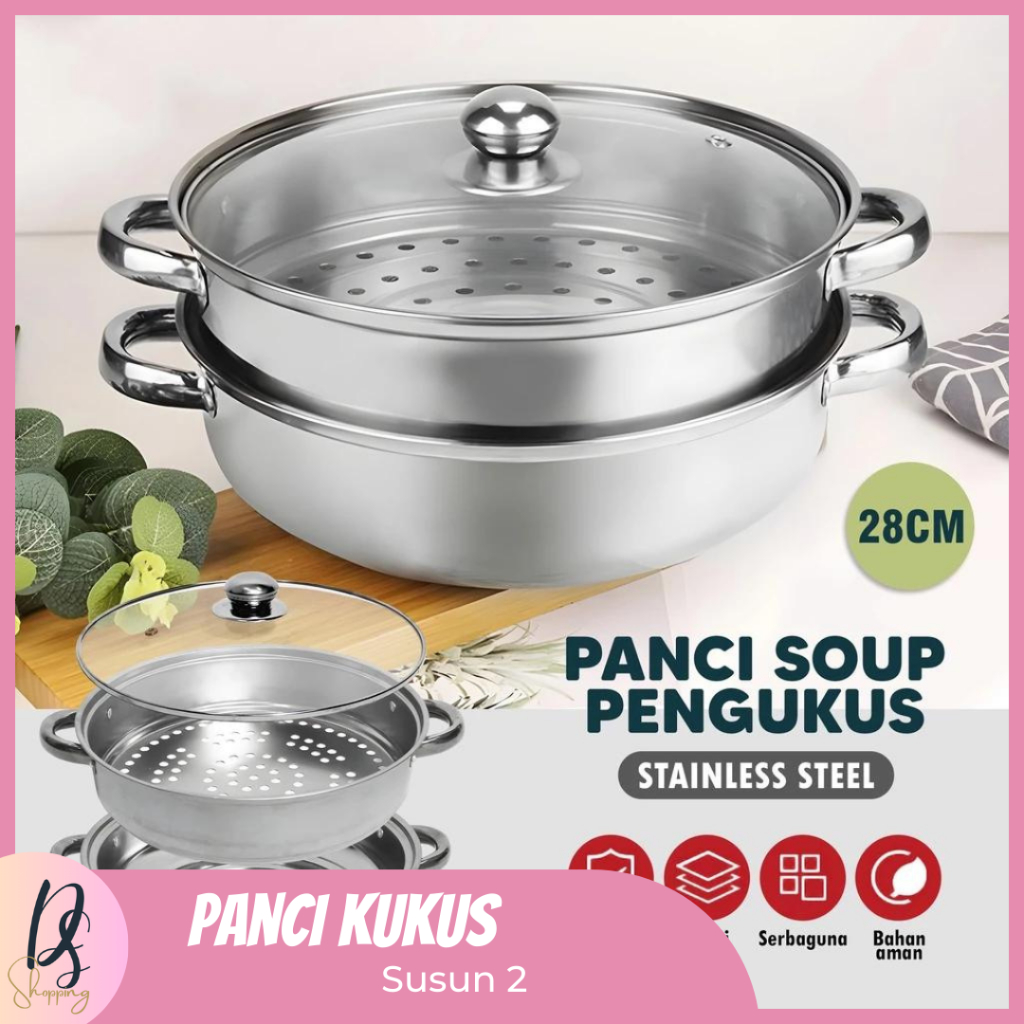 panci kukus 2 susun panci steamer / panci kukus susun tutup kaca dandang steamer 2 susun 28cm