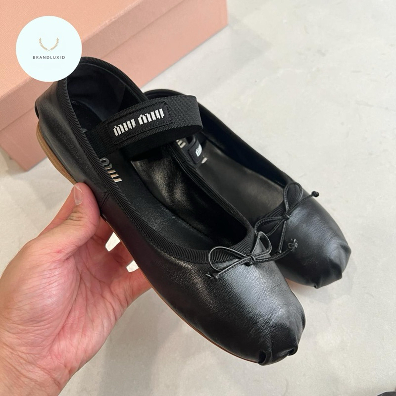 Miu miu miumiu mary jane logo leather ballerina flat in black