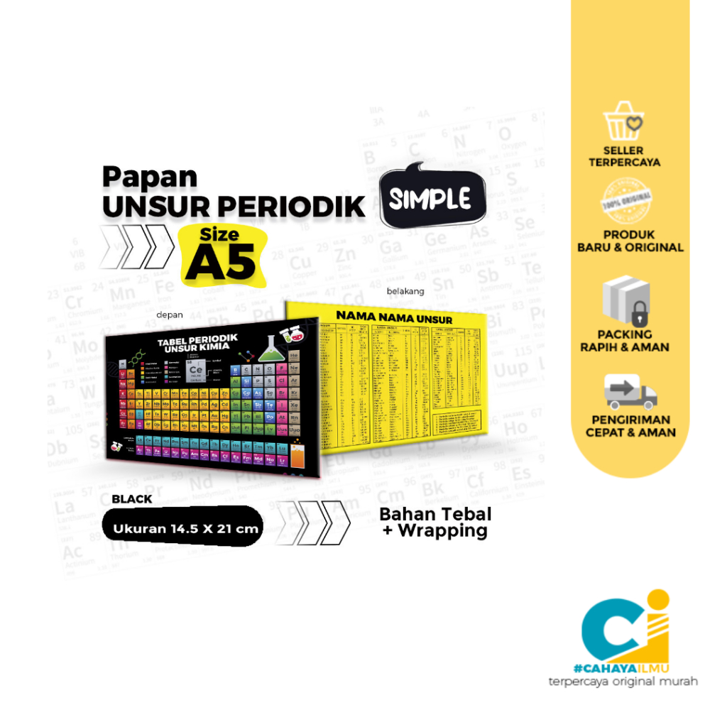 

PAPAN TABEL PERIODIK UNSUR KIMIA (POCKET EDITION) PRAKTIS ( Hitam & Kuning )