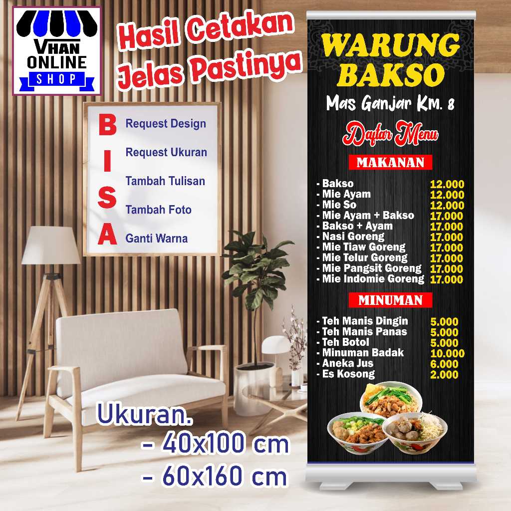 Spanduk Banner Custom Daftar Menu Warung Bakso dan Mie Ayam