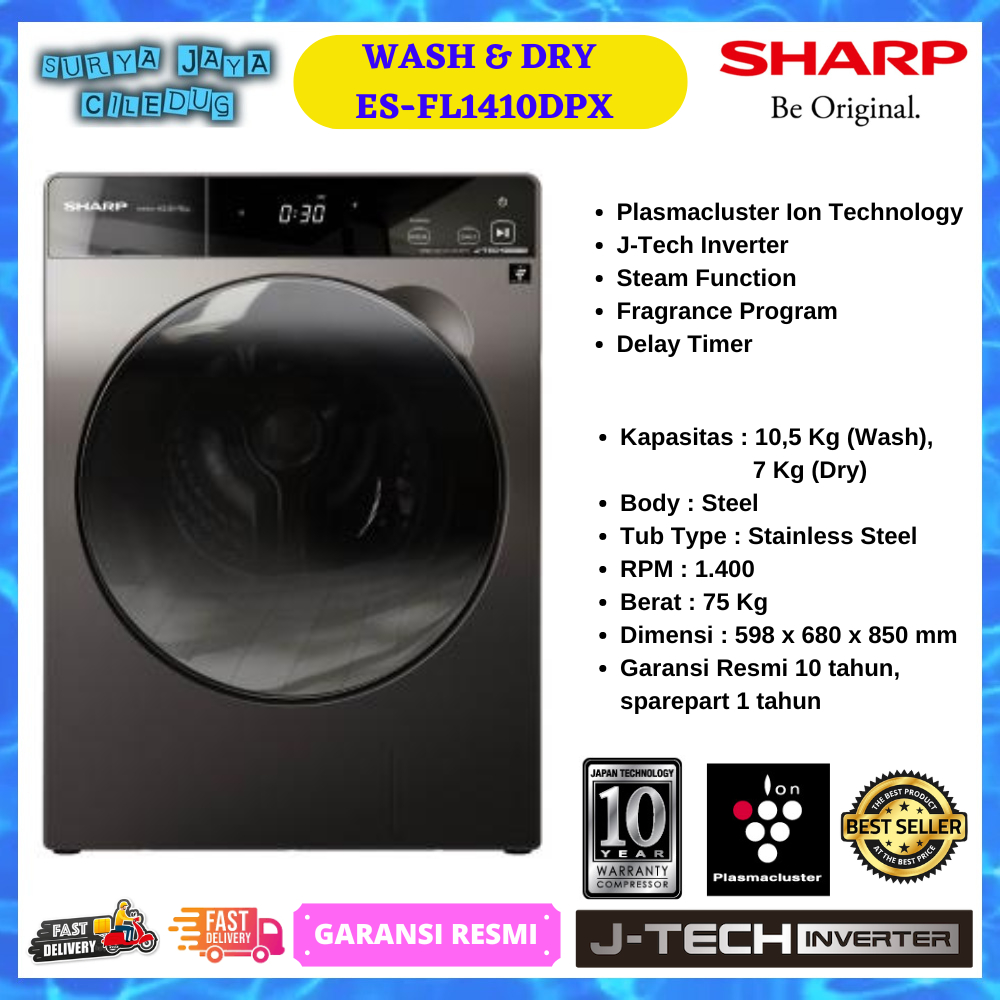 MESIN CUCI SHARP ES-FL1410DPX, ESFL1410 WASH & DRY 100% K-PRO SERIES