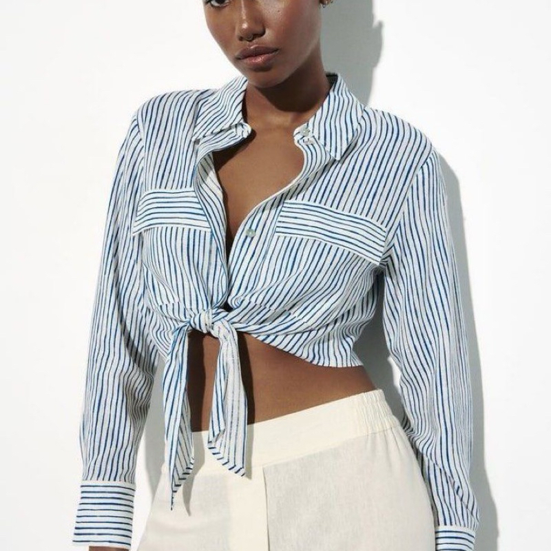 Zara Crop Long Sleeve Stripe Shirt With Knot Shirt