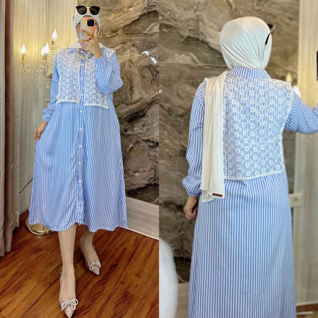 MIDI DRESS SALUR GAMIS KATUN KOMBINASI BRUKAT MIDI DRESS SALUR IMPORT MIDI DRESS SALUR MIX BROKAT