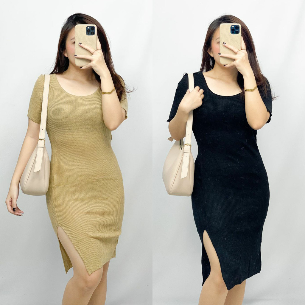 Kellya Dress Rajut Simpel Polos Selutut - Gaun Midi Wanita Pesta Party Kondangan Tahun Baru Natal Ke