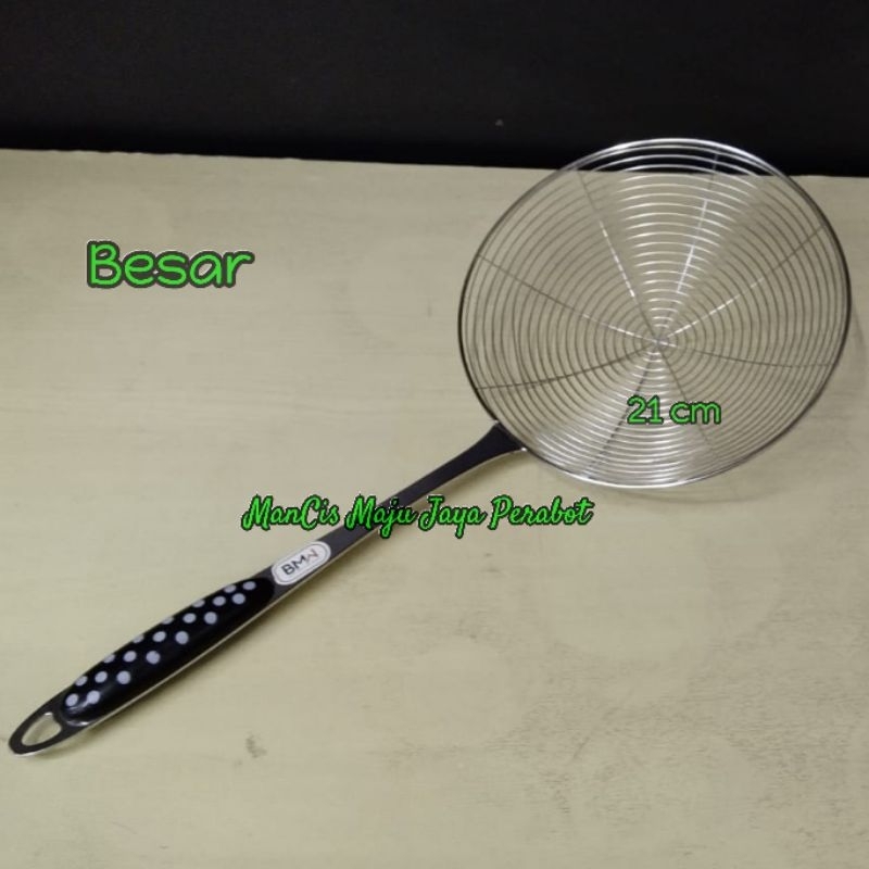 Saringan Parabola ukuran Besar 21 CM Serok Serokan Minyak Jaring Stainless Gagang Polkadot