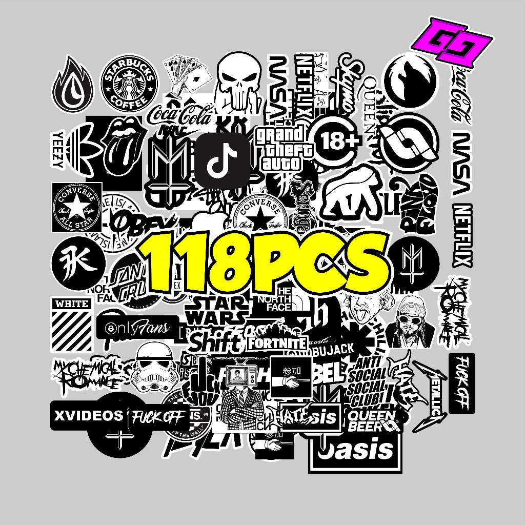 

STIKER PACK SPECIAL BLACK WHITE ISI 118PCS VIRAL UNTUK HP LAPTOP HELM TUMBLER MOTOR BRAND HYPE