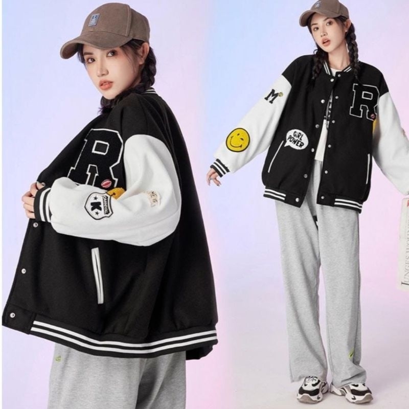 Jaket Baseball R Smile | Varsity Jaket Baseball Wanita Oversize | Jaket Wanita - Byzula
